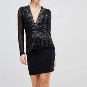 ASOS SEQUIN FRINGE PLUNGE DRESS w TASSELS FRINGE